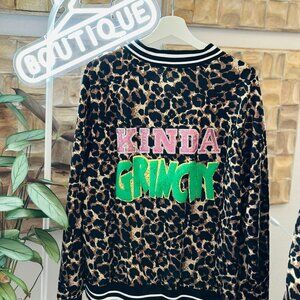 Kinda Grinchy Leopard Print Bomber Jacket Sequins Chenille Glitter Christmas
